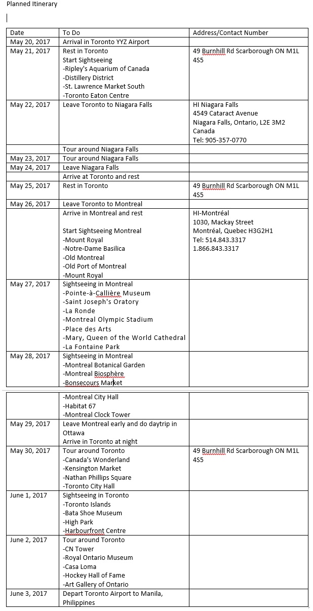 canada visitor visa travel itinerary